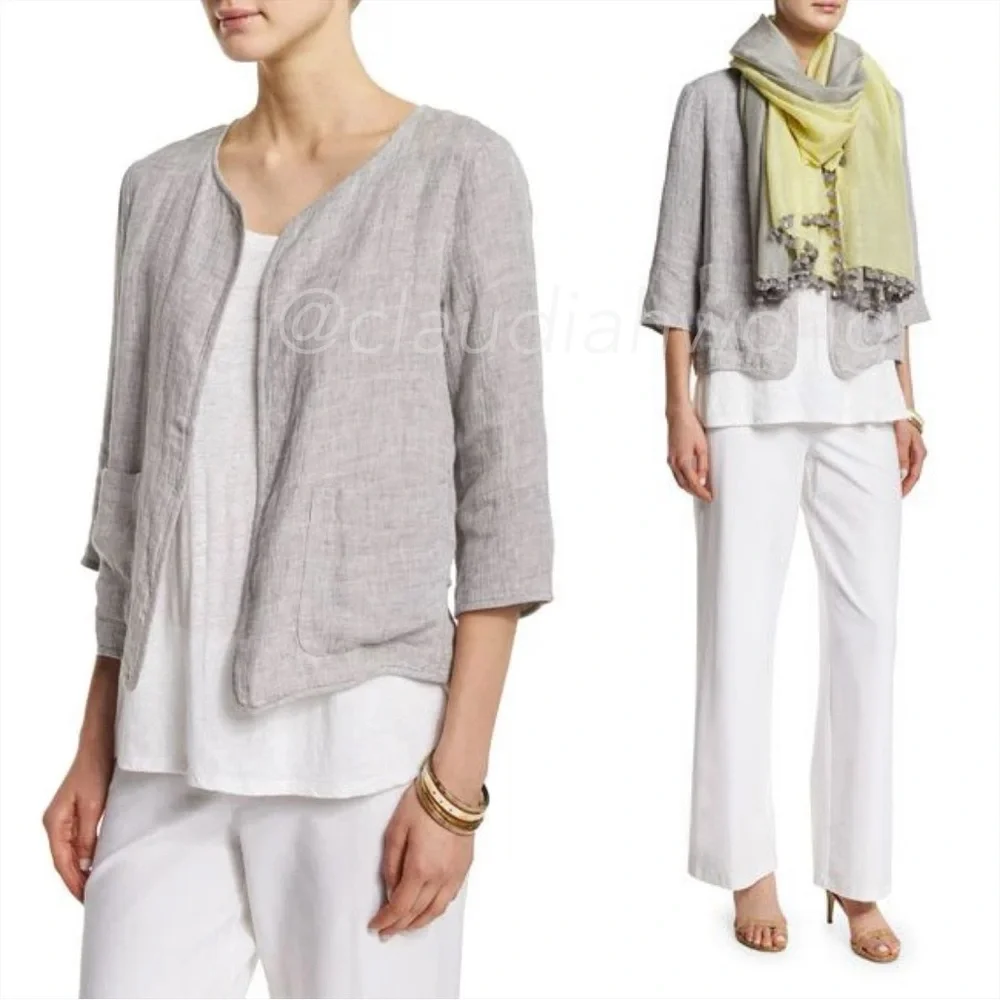 EILEEN FISHER Check Linen Round Neck Jacket in Dark Pearl Grey